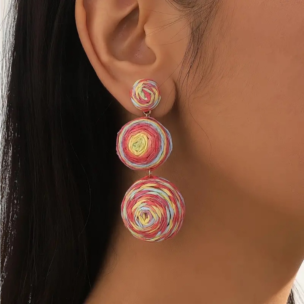Pink Swirl Raffia Ball Dangle Earrings